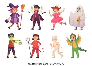 Carnaval de disfraces infantiles de Halloween. Niños halloweek disfraces fiesta de disfraces niñas amigas jugar truco o tratar en máscara monstruo vampiro fantasma, ingeniosa ilustración vectorial de la fiesta de carnaval