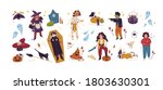 Halloween childish bundle with jack o lantern, coffin, witch, pirate, vampire and zombie. Cute creepy collection with childlike Helloween elements. Flat vector cartoon illustration isolated on white