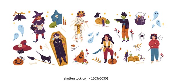 Halloween childish bundle with jack o lantern, coffin, witch, pirate, vampire and zombie. Cute creepy collection with childlike Helloween elements. Flat vector cartoon illustration isolated on white