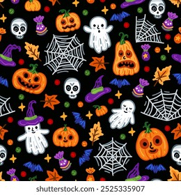 Halloween childish pumpkin background with ghost, web and bat seamless pattern. Children witch background with magical things