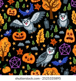 Halloween childish pumpkin background with owl and bat seamless pattern. Children witch background with magical things