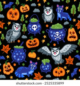 Halloween childish pumpkin background with owl, cat and bat seamless pattern. Children witch background with magical things