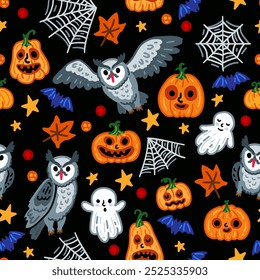 Halloween childish pumpkin background with owl, ghost and bat seamless pattern. Children witch background with magical things