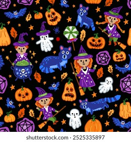 Halloween childish pumpkin background with symbols and characters seamless pattern. Children with funny and scary witch, cat and owl. Witch background with magical things