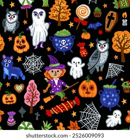 Halloween childish pumpkin background with symbols and characters seamless pattern. Children with funny and scary witch, cat and owl. Witch background with magical things