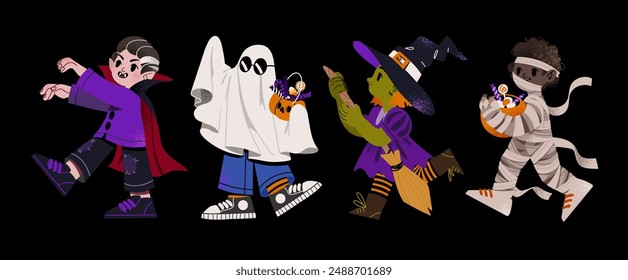 Disfraz de niño de Halloween, que, fantasma, vampiro, momia. Los niños se vistieron con disfraces de Halloween para ir a Truco o Tratamiento. Conjunto de caracteres de Vector aislados sobre fondo negro.