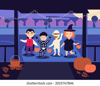 Halloween. children in costume  witch, mummy, vampire, skeleton costumes came trick or treat