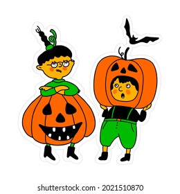Halloween. Children in Halloween costumes. Halloween kids. Children in bright costumes .Bright characters for postcards, invitations