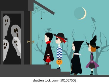 Halloween. Children in costumes near the house of ghosts. Flat vector illustration