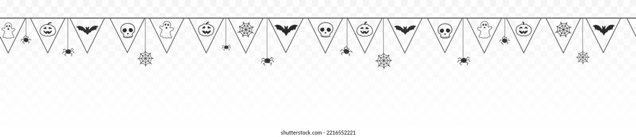 Halloween children flags garland. Festival seamless banner or border with black bats, spider web, ghost and pumpkins. Vector party decoration isolated on transparent background	