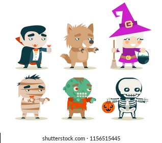 Halloween children kids costume masquerade fantasy RPG game party characters icons set vector illustration
