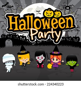 Halloween Children on a spooky black grave yard background with a full moon, pumpkins, spiders, vampire, dracula, witches, frankenstein and Halloween Party text banner