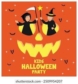 Halloween children party. Boys and girls wearing cute horror costumes. Halloween Party concept. Flat vector illustration.