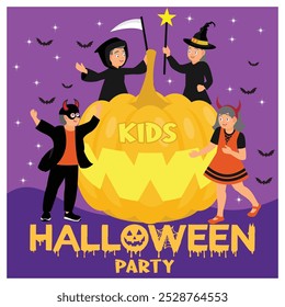 Fiesta de niños de Halloween. Los niños y las niñas usan disfraces de terror con calabazas y murciélagos. Concepto de fiesta de Halloween. Ilustración vectorial plana.