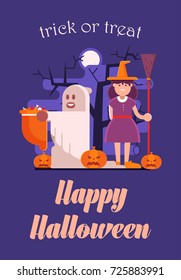 Halloween children party invitation with trick or treat boy and girl in costumes of ghost and witch. Halloween congratulation card or flyer template with trick or treaters kids.