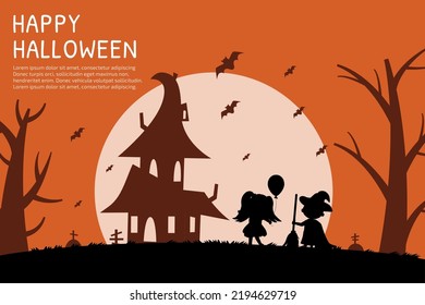 Halloween Children Party Poster. Happy Cute Characters Silhouette, Card Template, Childish Monster Party Banner, Kids In Costumes. Scary House And Trees. Vector Cartoon On Orange Background