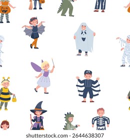 Halloween children seamless pattern. Cute funny kids wear different party costumes, witch, ghost, bee, fairy lady. Decorative print, vector background