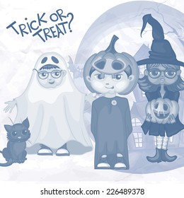 Halloween Children Trick Or Treating In Halloween Costume, Eps 10 Vector Illustration