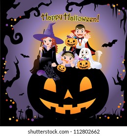 Halloween children wearing costume on the huge jack-o-lantern, with greeting text. invitation card