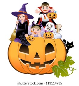 Halloween children wearing costume on huge jack-o-lantern, white background