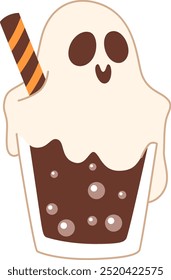 Halloween chocolate drink in a glass with a cute ghost made of whipped cream. White background.
