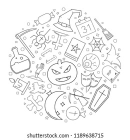 Halloween circle background from line icon. Linear vector pattern. Vector illustration