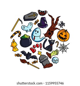 Halloween circle composition with cute and scary magic creatures. Collection of scary October holidays elements. Spooky cartoon bundle. 