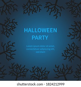 Marco de círculo de Halloween con siluetas de árbol negro sobre fondo azul oscuro. Ilustración vectorial para volante, afiche, invitación