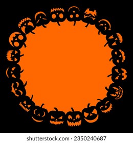 Halloween circle frame makes of black pumpkin's heads over orange background, vector illustration