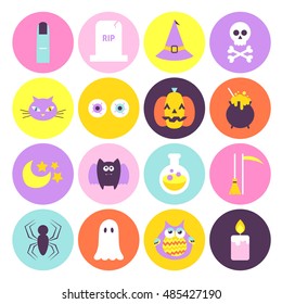 Halloween Circle Icons Set. Flat Style Vector Illustration in Trendy Colors. Scary Party Holiday. Trick or Treat.
