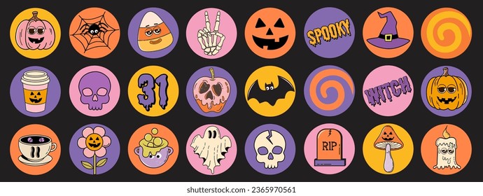 Halloween circle stickers set. Trendy retro groovy style. Ghost, skeleton hand, pumpkin and etc. Retro vector Illustration.