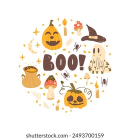 Halloween circular emblem. Boo label. Pumpkins, ghosts, poison witch hats and others round composition. Collection of autumn festive elements badge. Vector illustration on white background.