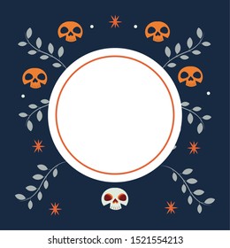 halloween circular frame with skulls and leafs vector illustration design