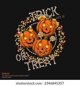 Halloween circular label witt pumpkin heads like happy kids, traditional holiday candy, sweets, text made of bones Trick or Treat. Text graphic style included. Colorful illustration in vintage style.