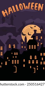 Halloween city with full moon and flying bats