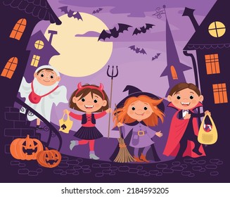 Halloween city. Kids on naughty street. Children in creepy holiday monster costumes. Boys and girls walk at night. Trick or treat banner. Spooky ghosts evening. Scary pumpkins and bats. Vector concept