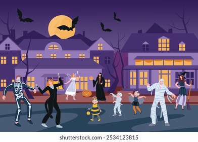 Halloween en la ciudad. Mascarada, adultos y niños con diferentes disfraces de miedo caminando al aire libre. Tarde festiva en el vecindario, escena de Vector animado