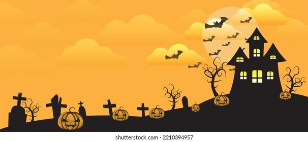 Halloween. City panorama in halloween style. Scary halloween isolated background. Orange and yellow background. Vector illustration.