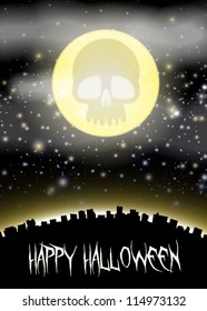 Halloween city theme with skull moon