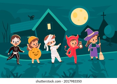 Halloween city. Trick-or-treaters costumed kids walking at night, holiday candy hunt, scary little monsters children outfits. Skeleton and pumpkin, mummy devil and witch vector cartoon concept