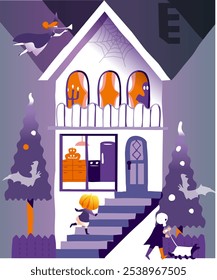 Halloween cityscape. Vector illustration for graphic design premium materials. Party scene in house. Witch outside. Running pumpkin kid. Ghost dog. Building exterior. Purple color.