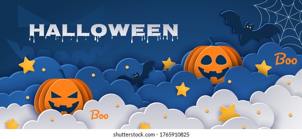 Fondo azul clásico de Halloween con calabazas y murciélagos al estilo de papel, vector 3D