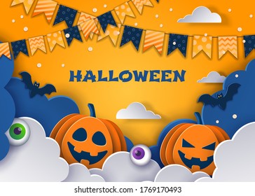 Halloween classic blue background with pumpkins and bats in paper style, 3D vector