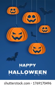 Fondo azul clásico de Halloween con calabazas y murciélagos al estilo de papel, 3D. Vista vertical.