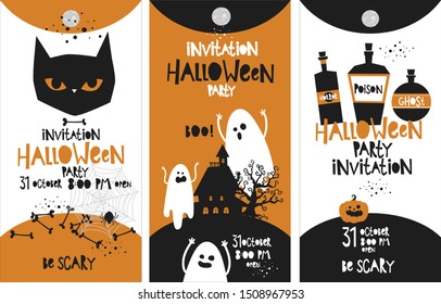 Halloween classic colors black orange, party invitation, banner background, hand drawing vector