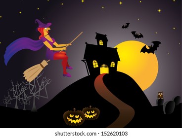 Halloween classic theme and witch on a broom -  illustration