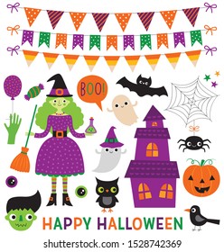 Halloween clip art and bunting decoration, vector set