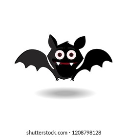 Halloween clip art character of happy flittermouse for kids party holiday greeting card, invitation and posters design. Cute flying cartoon bat with fangs and red eyes isolated on white background.