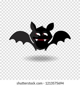 Halloween clip art character of happy flittermouse for kids party holiday greeting card, invitation and posters design. Cute flying cartoon bat with fangs and red eyes isolated on white background.