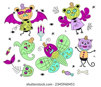 Halloween clip art. Pumpkin head animals for stickers collection. Bat and butterfly withmonster faces